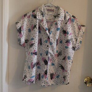 Vintage Cabrais button-down blouse w/abstract scribbles & polka dot pattern